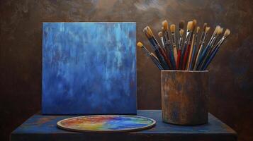 wooden brush holder filled with colorful art brushes beside canvas and palette. vibrant colors evoke creativity and inspiration photo