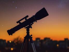telescope on tripod silhouetted against sunset sky with stars photo