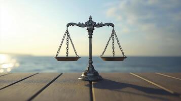 photograph of scales of justice on wooden surface by sea, symbolizing balance and fairness photo