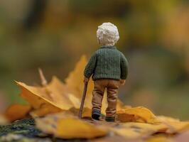 miniature figurine of old man with cane walks through autumn leaves, evoking sense of nostalgia and tranquility photo