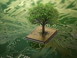 tree is growing on electronic circuit board symbolizes nature and technology photo
