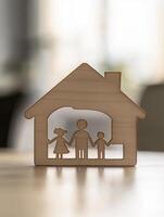 simple wooden house silhouette with cut out family figure, symbolizing love and togetherness photo