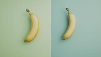Fresh bananas on flat green and blue background, showcasing vibrant colors and textures photo