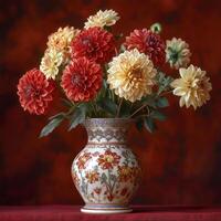 ceramic vase filled with vibrant red and yellow dahlia flowers, creating warm and inviting atmosphere photo