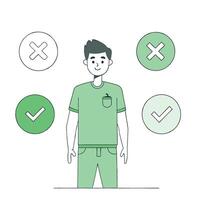 A man is standing in front of a green check mark and a green cross vector