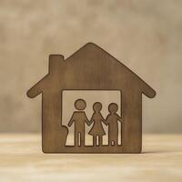 simple wooden house silhouette with family figures symbolizes home and togetherness photo