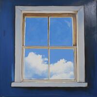 window frame with view of bright blue sky and fluffy clouds photo