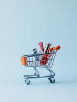Empty shopping cart with cosmetics, showcasing beauty products against light blue background, evoking sense of shopping excitement photo