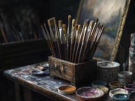 wooden brush holder filled with various painting brushes, surrounded by paint palettes and creative workspace photo