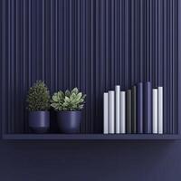 navy blue wall with fluted pattern features books and plants on shelf, creating modern and stylish atmosphere photo