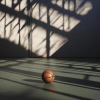 basketball rests on floor of indoor gym, surrounded by dramatic shadows. scene captures moment of stillness and focus photo