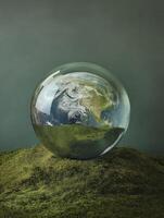 glass sphere containing Earth sits on mossy ground, symbolizing nature beauty and fragility photo