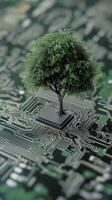 green tree is growing on electronic circuit board symbolizes nature and technology. This unique blend highlights innovation and sustainability photo