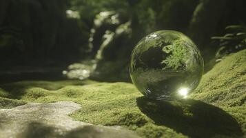 glass sphere reflecting nature sits on green moss in serene forest photo