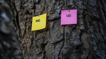 Two sticky notes on tree, one yellow labeled me and one pink labeled us, conveying message of connection and individuality photo