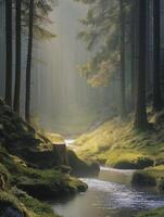 serene forest scene with sunlight filtering through trees, illuminating gentle stream. lush greenery creates tranquil atmosphere photo