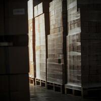 Large boxes stacked on pallets in industrial warehouse, showcasing organized storage and efficient space utilization photo