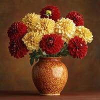 ceramic vase filled with vibrant red and yellow dahlia flowers creates stunning centerpiece. rich colors and textures evoke warmth and beauty photo