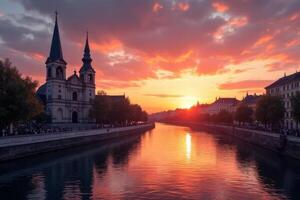 Stunning Sunset over River Cityscape with Church Scenic Golden Hour View photo