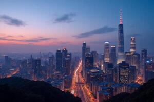 Stunning Panoramic View of Modern City Skyline at Dusk Illuminated Buildings and Highway photo