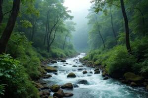 Serene Forest River Lush Greenery Flowing Water Misty Atmosphere Tranquil Nature Scene photo