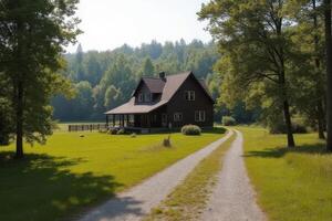 Serene Countryside Home Rustic Log Cabin on a Gravel Driveway with Lush Green Lawn and Wooded photo