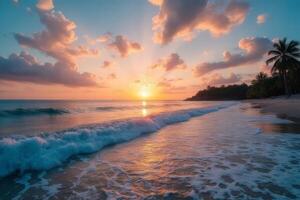 Stunning Sunset Beach Scene Tranquil Ocean Waves Palm Trees and Vibrant Sky photo