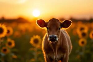 a cow stands in a field with sunflowers photo