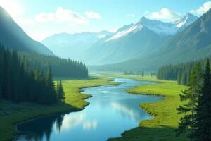 Serene River Valley Landscape Majestic Mountains Lush Green Meadows Coniferous Forest photo