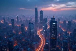 Stunning Aerial View of Cityscape at Dusk Illuminated Skyscrapers and Winding Roads photo