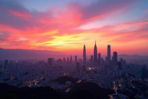 Stunning Sunrise Cityscape Panorama Vibrant Sky Over Modern Skyline photo