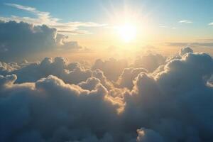 Golden Sunset Above a Sea of Clouds Aerial View of Dramatic Cumulus Cloudscape photo