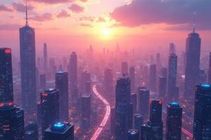 Stunning Sunset Cityscape Aerial View of Futuristic Metropolis at Dusk photo