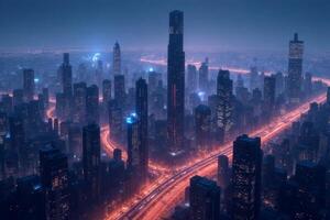 Stunning Night View of Illuminated Cityscape with Skyscrapers and Highway photo