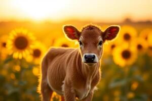 a baby cow stands in a field of sunflowers photo