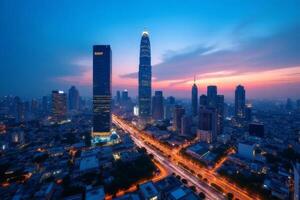 Stunning Sunset Skyline View of Modern City with Illuminated Roads and Skyscrapers photo