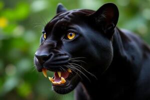 Majestic Black Panther Close Up Powerful Wildcat Portrait in Lush Green Foliage photo