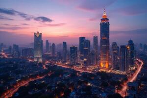 Stunning Aerial View of Modern City Skyline at Sunset Illuminated Buildings and Roads photo
