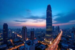 Stunning Dusk Skyline Modern Cityscape with Illuminated Skyscrapers and Traffic photo