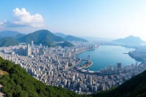 Panoramic View of Coastal City Skyline Surrounded by Lush Green Mountains and a Calm Bay photo