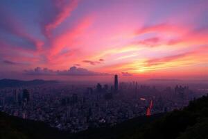 Stunning Sunset Panorama over City Skyline with Vibrant Pink and Orange Hues photo