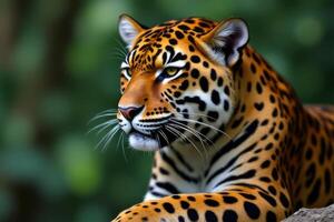 Majestic Jaguar Close Up Wildcat Portrait in Lush Green Forest photo
