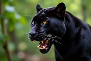 Majestic Black Panther Close Up Powerful Wild Cat Portrait in Lush Green Forest photo