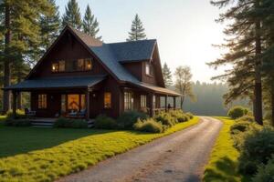 Rustic Log Cabin Home in Wooded Area Scenic Driveway Sunset photo