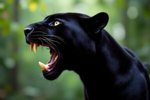 Majestic Black Panther Roaring Wild Cat in Lush Green Forest Powerful Predator Close Up photo