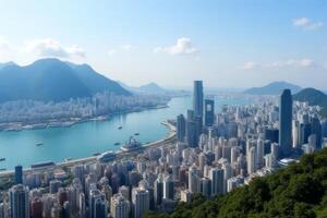 Panoramic Cityscape Coastal Metropolis Skyline with Mountains and Bay photo