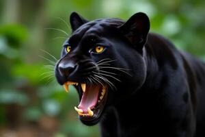 Majestic Black Panther with Open Mouth Showing Teeth and Yellow Eyes in Lush Green Forest photo