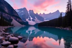 Serene Mountain Lake at Sunrise Pink Sky Reflection Rocky Mountains Calm Water photo