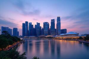 Stunning Cityscape at Dusk Modern Skyscrapers Waterfront and Tranquil River Reflections photo