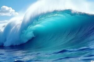 Majestic Ocean Wave Crashing Turquoise Water Powerful Surf Blue Sky photo